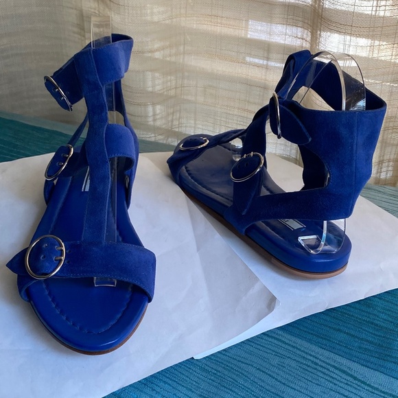 Prada blue suede leather sandals size 37 flats ankle strap mules slides slip ons - Picture 2 of 9